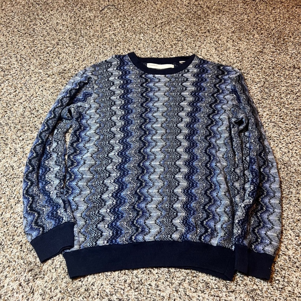 Perry Ellis Sweater Knit Blue Wave Pattern Crew Neck Pullover No Size‎